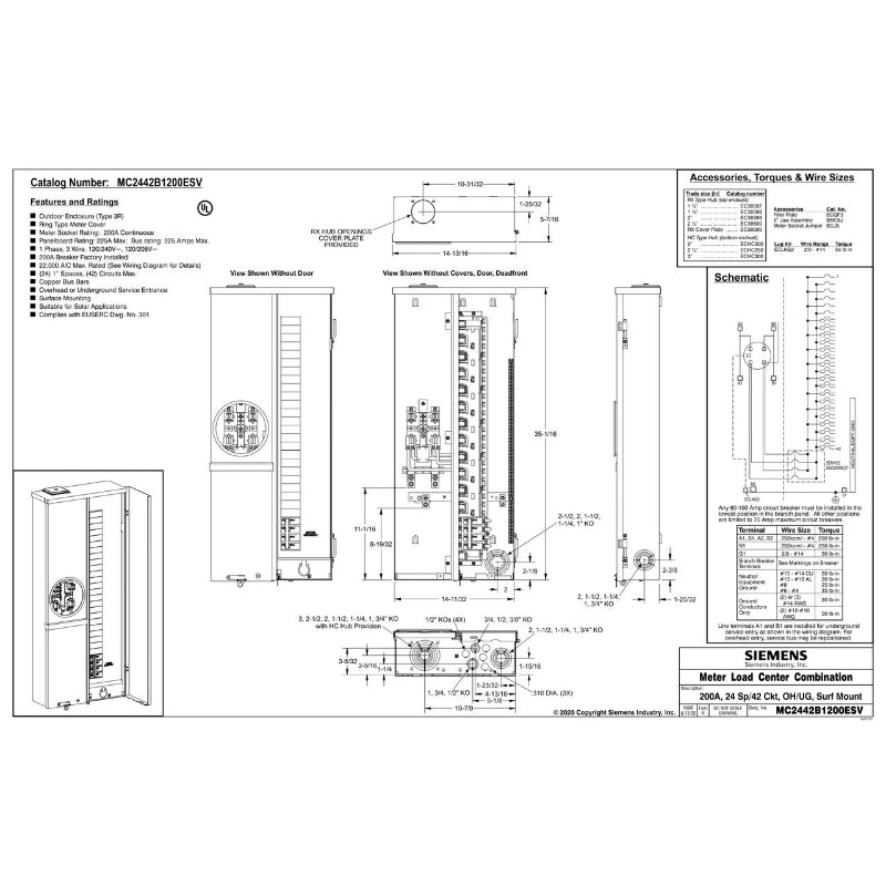 MC2442B1200EFV Siemens Low Voltage Meter Load Center 240 V 200 A 42 Circuit Single Phase Gray 22000 A