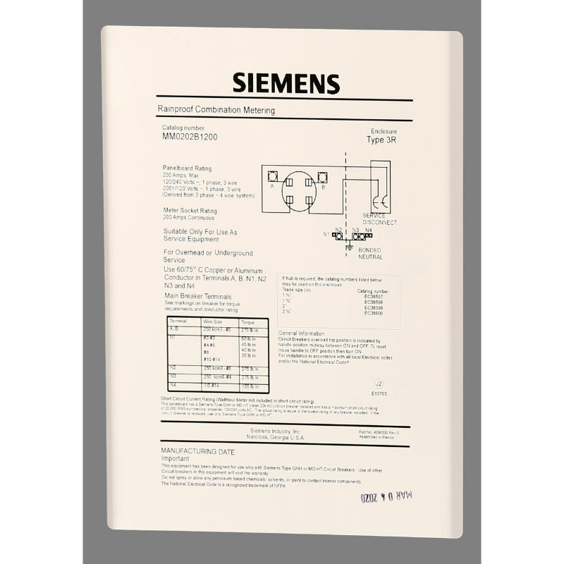 MM0202B1200 Siemens Low Voltage Meter Load Center 240 V 200 A 2 Circuit Single Phase Gray