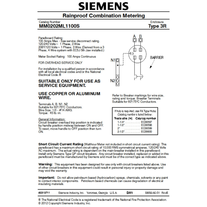 MM0202ML1100S Siemens Low Voltage Main Lug Meter 240 V 100 A 2 Circuit Single Phase Gray
