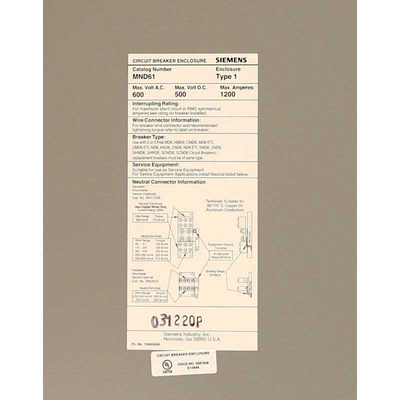 MND61 Siemens Circuit Breaker Enclosure 1200 A NEMA 1 Wall Mount For MD6/MXD6/SMD6/HMD6/HMXD6