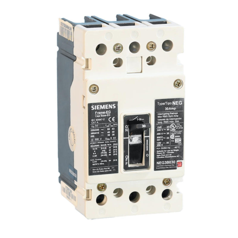 NEG3B030L Siemens NEG Low Voltage Circuit Breaker 30 A 3 Pole 240 VAC NEG Frame Thermal Magnetic Line and Load Side Lug 35 kA