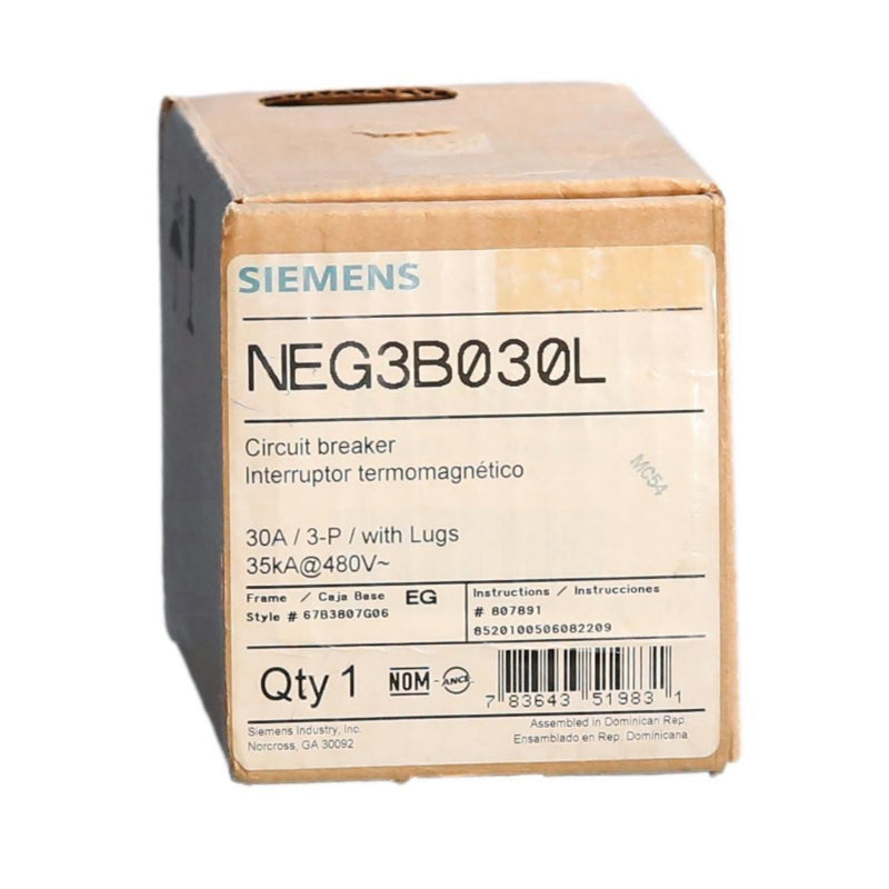 NEG3B030L Siemens NEG Low Voltage Circuit Breaker 30 A 3 Pole 240 VAC NEG Frame Thermal Magnetic Line and Load Side Lug 35 kA