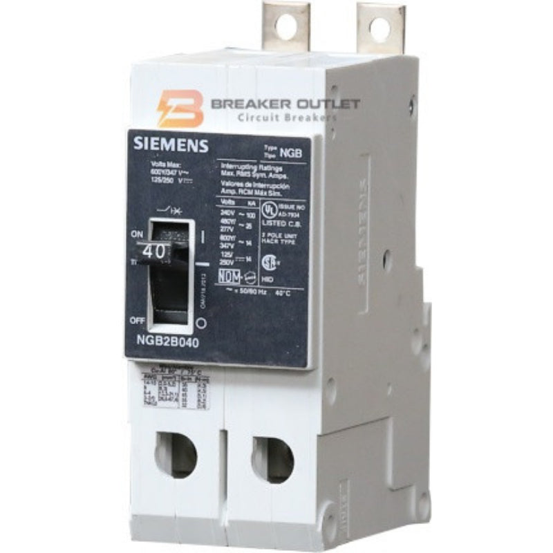 NGB2B040B Siemens NGB Molded Case Circuit Breaker 40 A 2 Pole 600Y/347 VAC NGB 125A Frame Thermal Magnetic Load Side Lug 100 kA