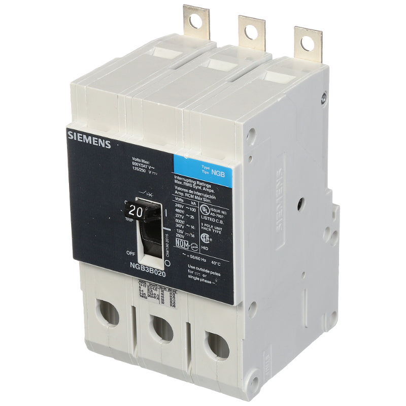 NGB3B020B Siemens NGB Molded Case Circuit Breaker 20 A 3 Pole 600Y/347 VAC NGB 125A Frame Thermal Magnetic Load Side Lug 100 kA