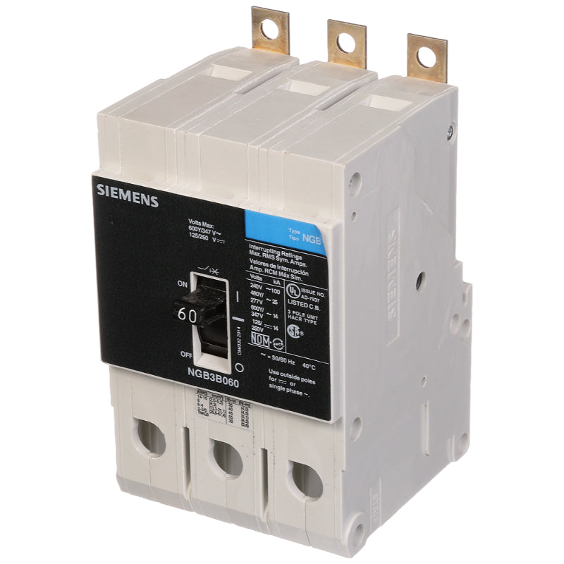 NGB3B060B Siemens NGB Molded Case Circuit Breaker 60 A 3 Pole 600Y/347 VAC NGB 125A Frame Thermal Magnetic Load Side Lug 100 kA