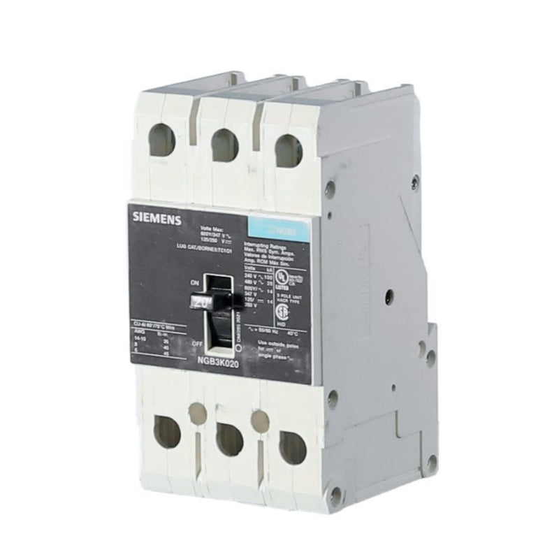 NGB3K020B Siemens NGB2 Molded Case Circuit Breaker 20 A 3 Pole 600Y/347 VAC NGB 125A Frame Thermal Magnetic Load Side Lug 100 kA