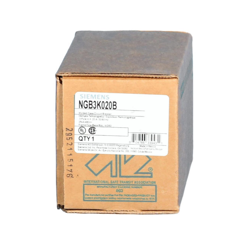 NGB3K020B Siemens NGB2 Molded Case Circuit Breaker 20 A 3 Pole 600Y/347 VAC NGB 125A Frame Thermal Magnetic Load Side Lug 100 kA
