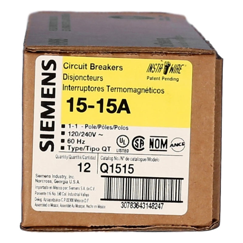 Q1515 Siemens QT Duplex Circuit Breaker 120 V 15/15 A 1 Pole 50/60 Hz 10 kA