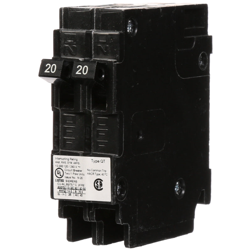 Q2020NC Siemens QT Duplex Circuit Breaker 120 V 20/20 A 1 Pole 10 kA