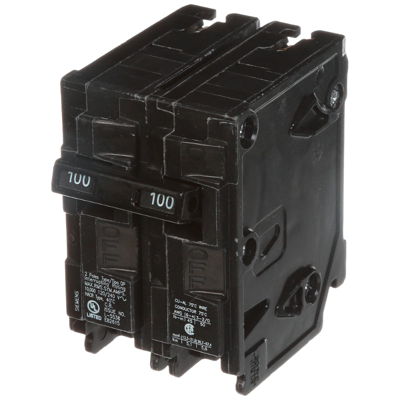 Q2100 Siemens QP Miniature Circuit Breaker 100 A 2 Pole 120/240 VAC QP 125A Frame Thermal Magnetic Load Side Lug 10 kA