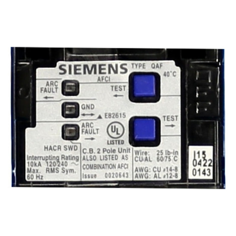 Q215AFC Siemens QAF Arc Fault Circuit Breaker 120/240 V 15 A 10 kA 60 Hz 2 Pole