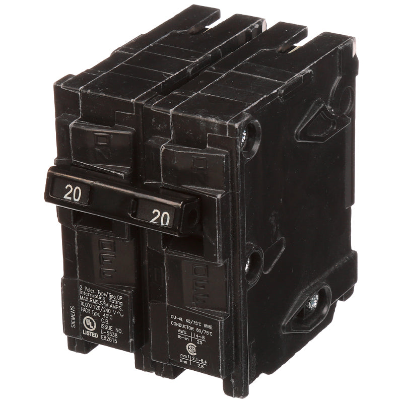 Q220 Siemens QP Miniature Circuit Breaker 20 A 2 Pole 120/240 VAC QP 125A Frame Thermal Magnetic Load Side Lug Plug-In 10 kA