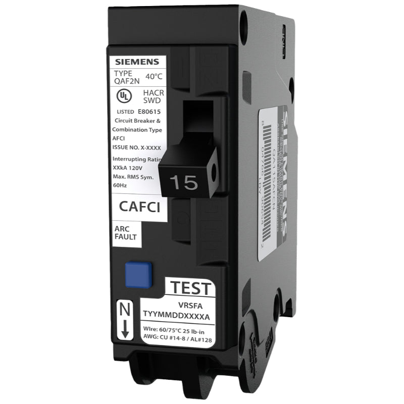 QA115AFCN Siemens QAF2N Arc Fault Circuit Breaker 120 V 15 A 10 kA 60 Hz 1 Pole