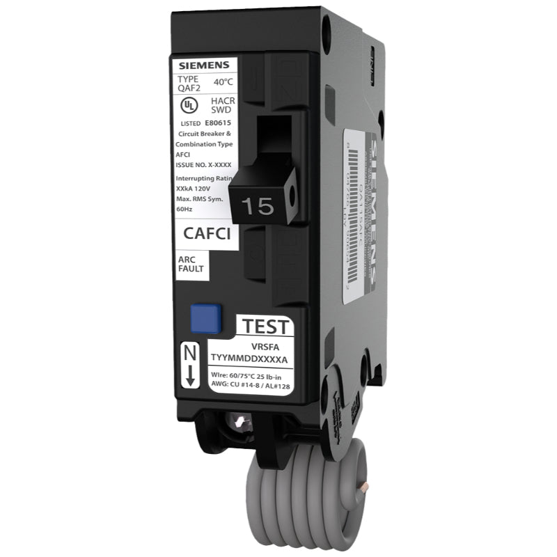 QA115AFC Siemens QAF2 Arc Fault Circuit Breaker 120 V 15 A 10 kA 60 Hz 1 Pole