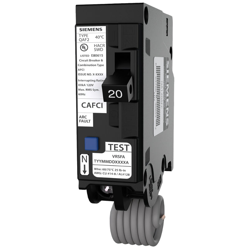 QA120AFC Siemens QAF2 Arc Fault Circuit Breaker 120 V 20 A 10 kA 60 Hz 1 Pole
