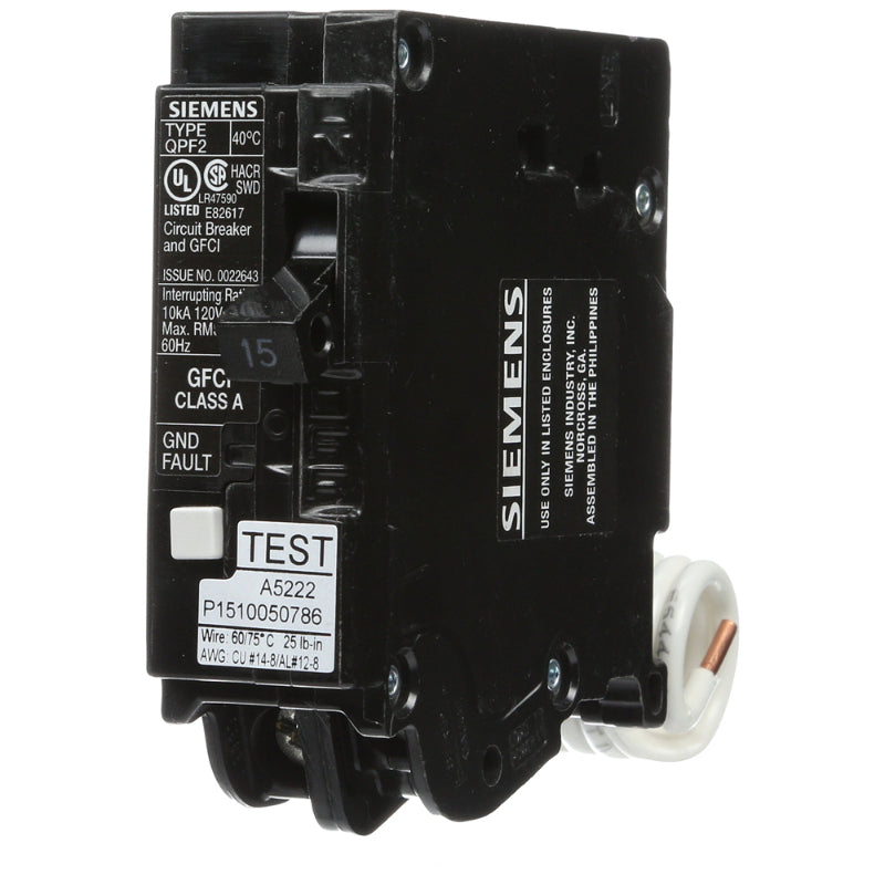 QF115A Siemens QPF2 Miniature Circuit Breaker Thermal Magnetic 120 V 15 A 10 kA 1 Pole