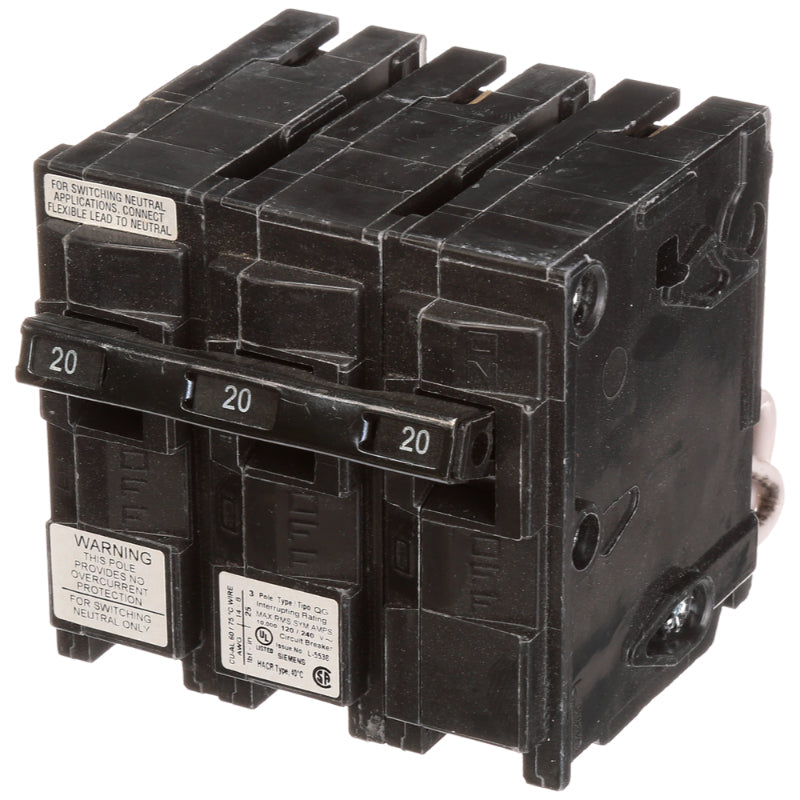 QG320 Siemens QG Switching Neutral Circuit Breaker 20 A 3 Pole 120/240 VAC Thermal Magnetic Snap-On 10000 A
