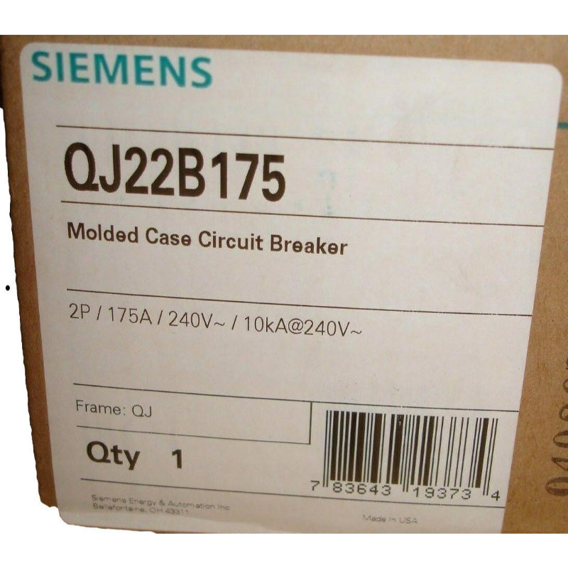 QJ22B175 Siemens ED4 Molded Case Circuit Breaker 175 A 2 Pole 240 VAC Thermal Magnetic Load Side Lug 10 kA