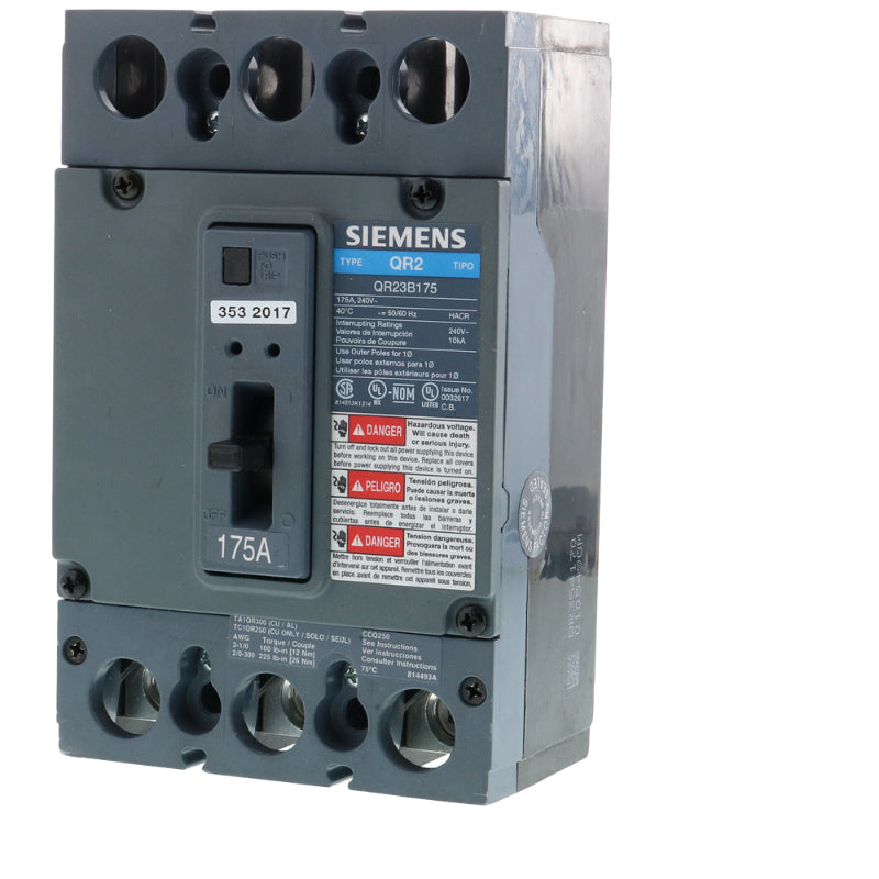 QR23B175 Siemens QR2 Molded Case Circuit Breaker 175 A 3 Pole 240 VAC QR 250A Frame Thermal Magnetic 10 kA