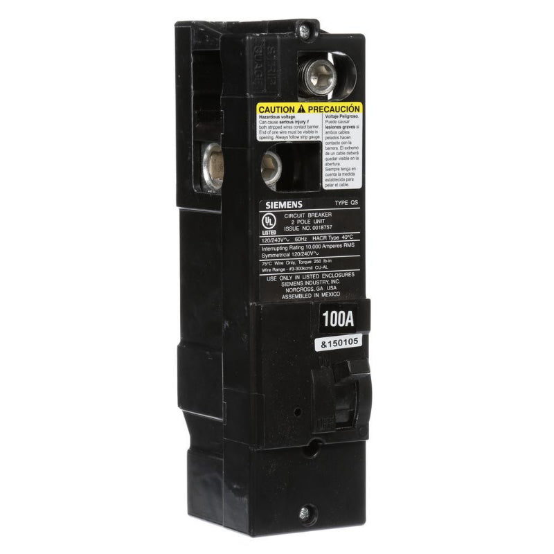 QS2100 Siemens QS Main and Branch Circuit Breaker 100 A 2 Pole 120/240 VAC QS 225 Frame Thermal Magnetic Load Side Lug 10 kA