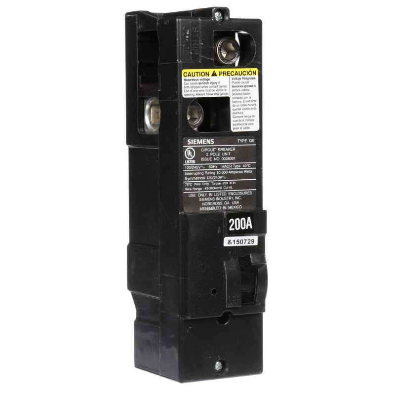 QS2200 Siemens QS Main and Branch Circuit Breaker 200 A 2 Pole 120/240 VAC QS 225 Frame Thermal Magnetic Load Side Lug 10 kA