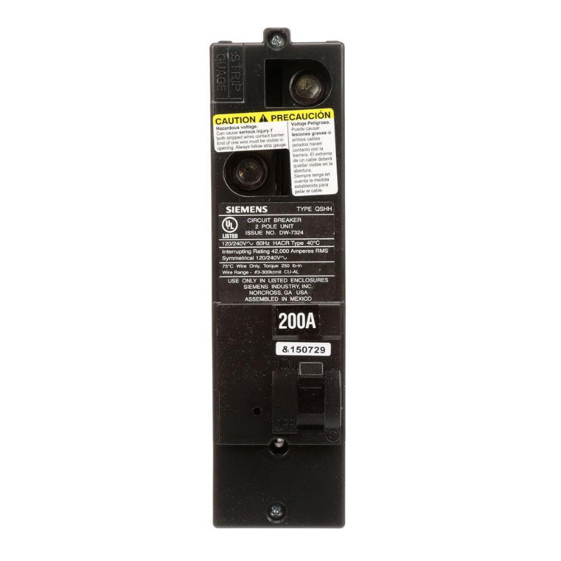 QSH2200 Siemens QSHH Main and Branch Circuit Breaker 200 A 2 Pole 120/240 VAC QS 225 Frame Thermal Magnetic Load Side Lug 42 kA