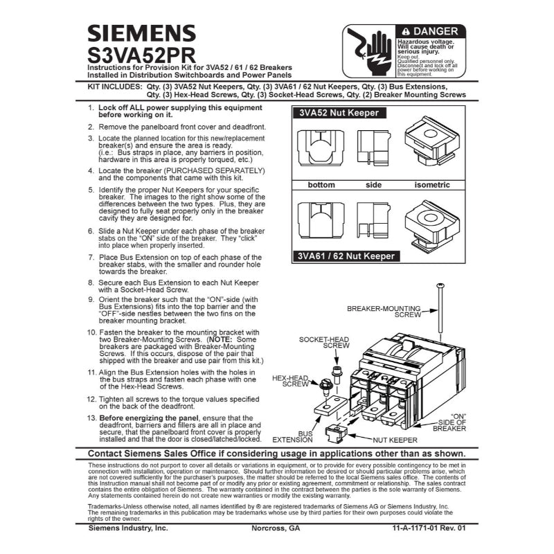 S3VA52PR Siemens Breaker Provision Kit 3VA52 3VA61 3VA62 Series Circuit Breaker P4 P5 Power Panel
