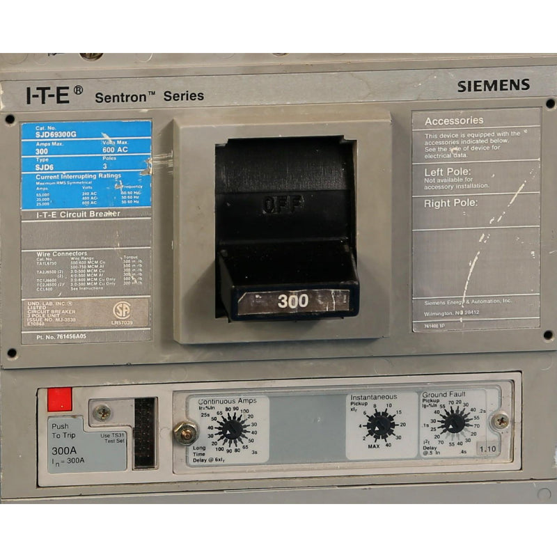 SJD69300G Siemens Sentron Sensitrip & SJD Molded Case Circuit Breaker 300 A 3 Pole 600 VAC JD Frame Electronic Line and Load Side Lug Bolt-On 35 kA