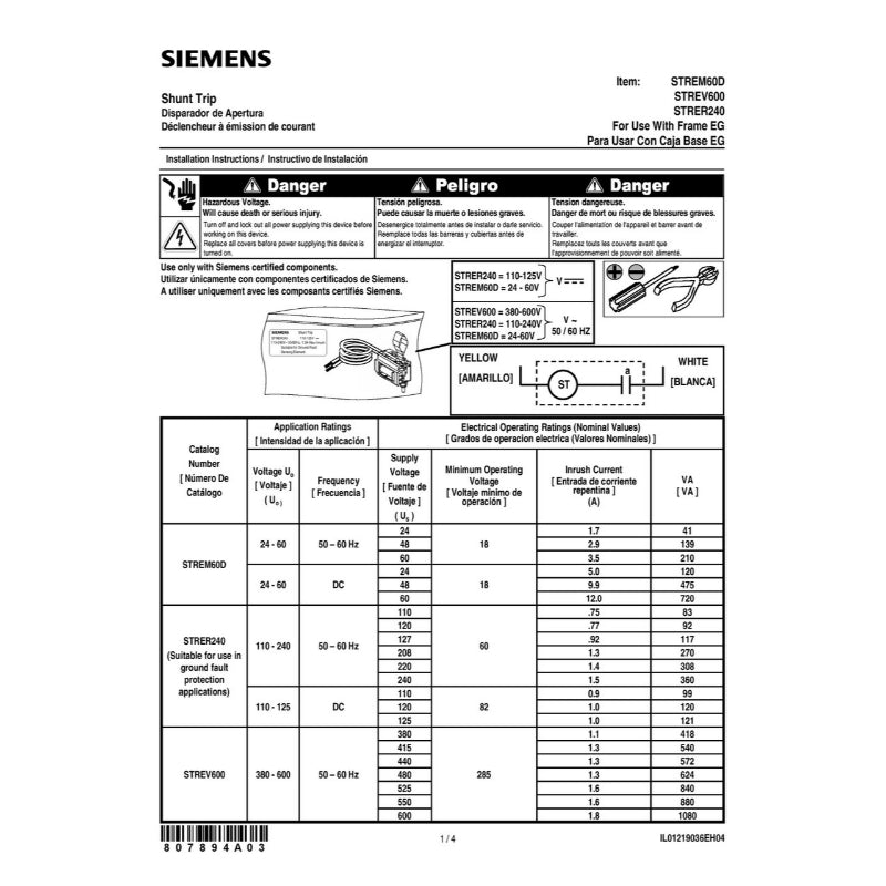STRER240 Siemens Shunt Trip Device For NEG/HEG/NEB/HEB/HEM Circuit Breaker Series