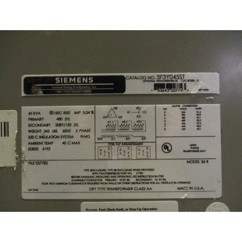 45 kVA Power Transformer 480V - 208X120, 3F3Y045ST, Siemens