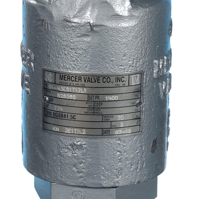 91-43E51T17L1
Mercer 1400 PSI Pressure Valve