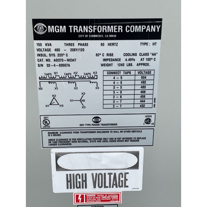 150kVA 3 Phase 480V to 208Y/120V Power Transformer