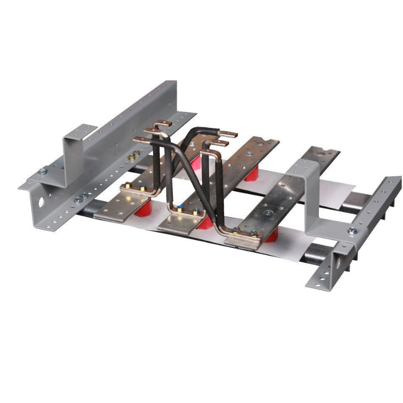 Shown are conductors and end brackets
bolted in place. Ready to mount HFD type breakers.