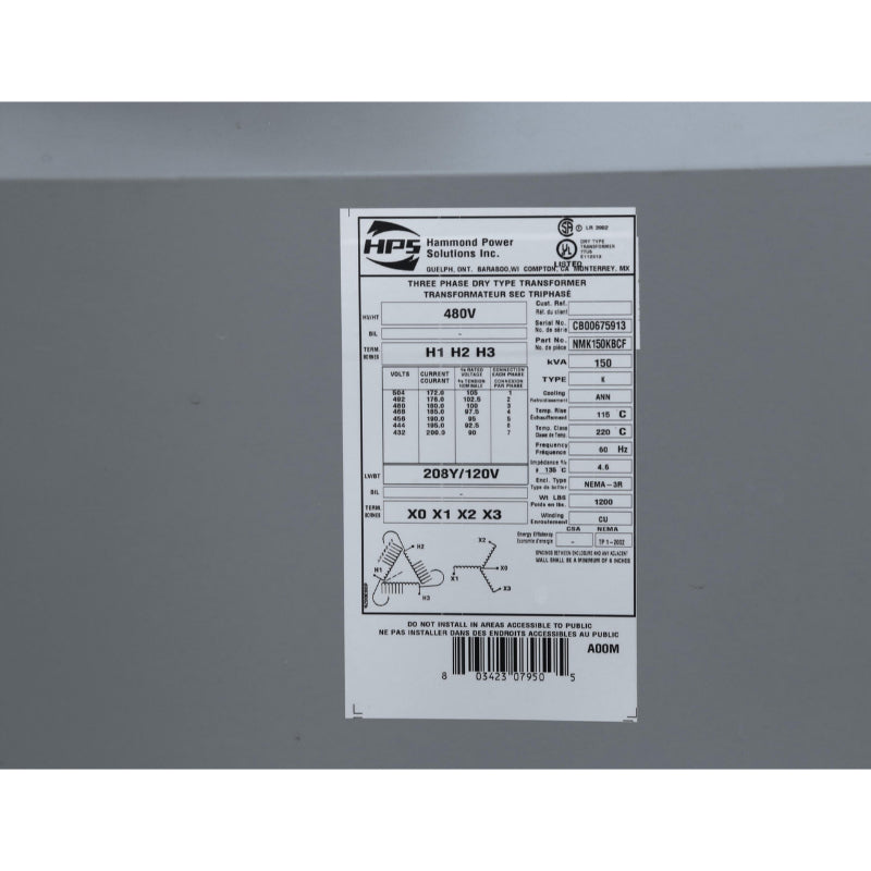 Copper Wound 150kVA 3 Phase
480V - 208Y/120