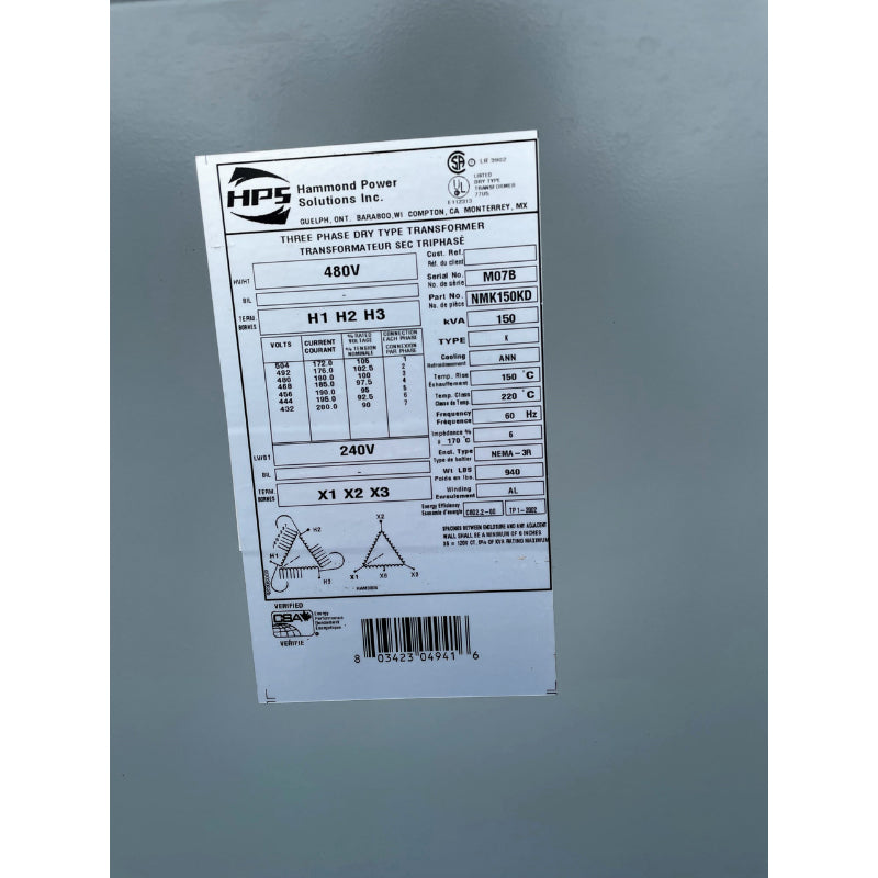 150kVA 3 Phase
480V - 240v