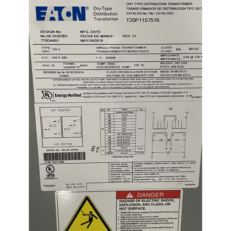 75 kVA Single Phase Eaton Power Transformer Dry Type