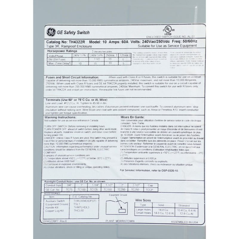 TH4322R General Electric 60 Amp Fusible Outdoor Safety Switch