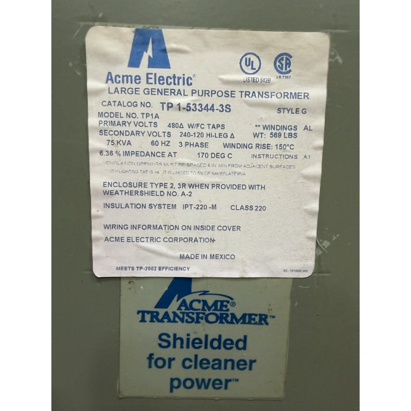 TP1-53344-3S 75 kVA Acme Power Transformer, Delta