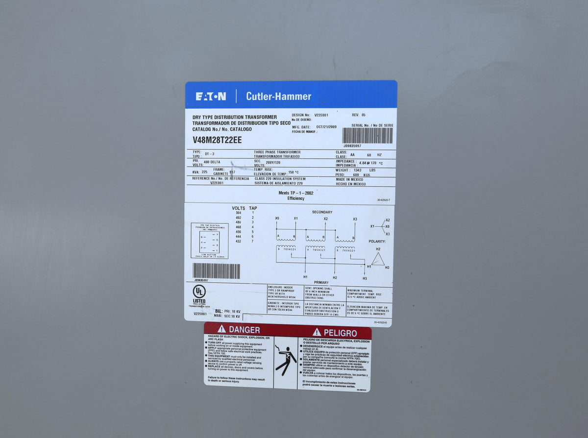 V48M28T22EE Eaton 225 kVA Power Transformer 480V - 208Y/120