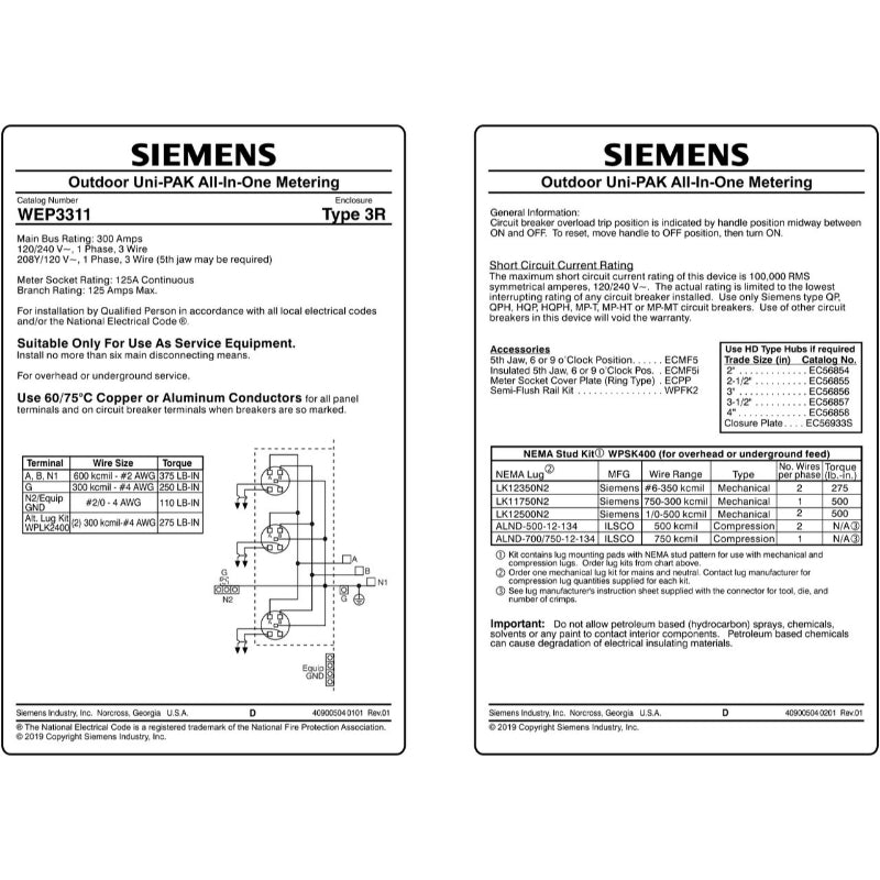 WEP3311 Siemens WEP Meter Main Panel 300 A 3 Wire Single Phase Steel 65000 A 120/240 V