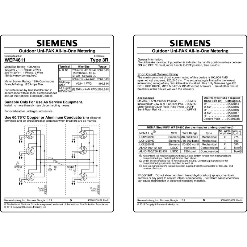 WEP4611 Siemens WEP Meter Unit 400 A 3 Wire Single Phase 65000 A 120/240 V