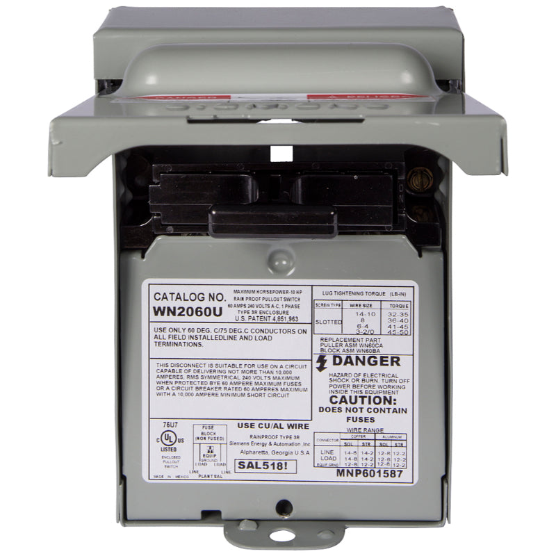 WN2060 Siemens Pull Out AC Disconnect Switch 240 VAC 60 A 2PDT Non-Fusible Steel 2 Pole