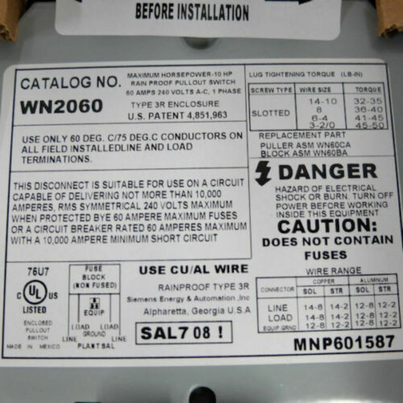 WN2060 Siemens Pull Out AC Disconnect Switch 240 VAC 60 A 2PDT Non-Fusible Steel 2 Pole