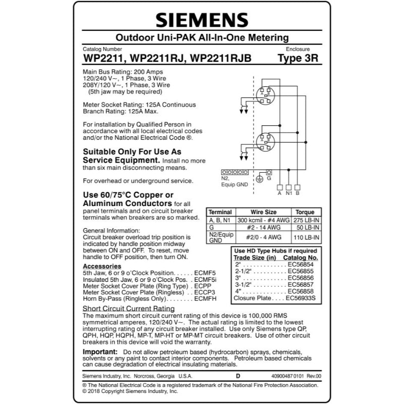 WP2211RJ Siemens WP Meter Main Panel 200 A 3 Wire Single Phase Steel 65000 A 120/240 V