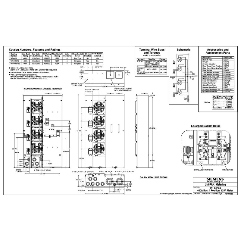 WP4411 Siemens WP Meter Main Panel 400 A 3 Wire Single Phase Steel 65000 A 120/240 V